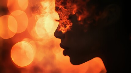 Abstract bokeh patterns in fiery oranges and reds, cinematic glow, mysterious and moody feel