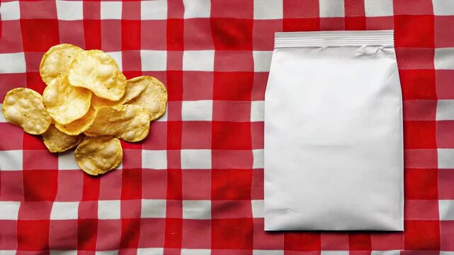 Crispy potato chips on a red checkered tablecloth with an empty bag