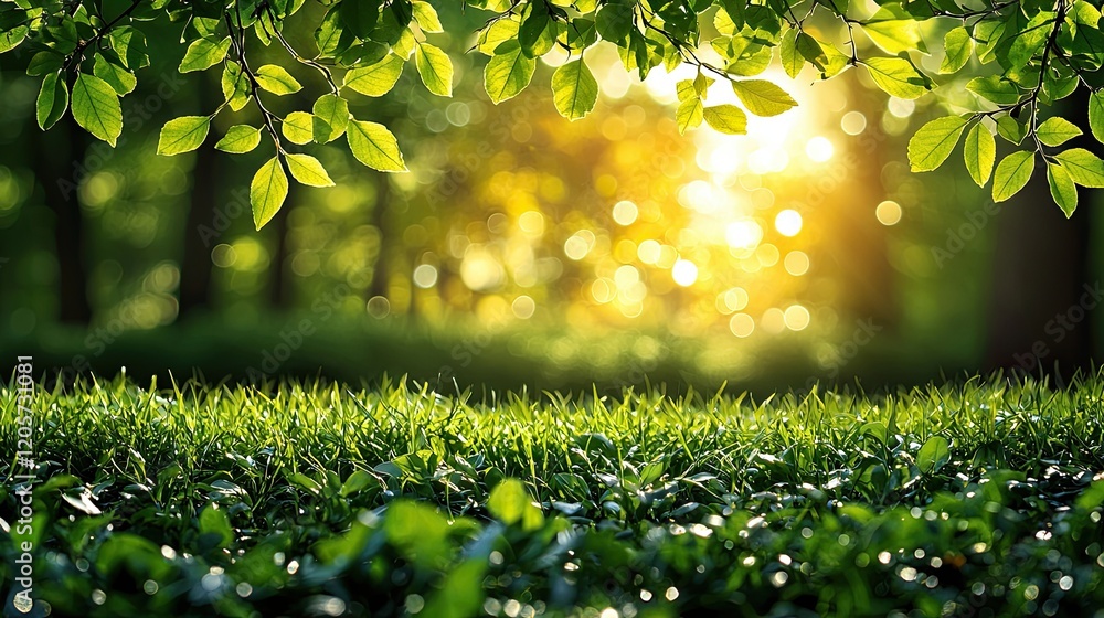 Poster serenity in nature with sunlight filtering through lush leaves in a tranquil forest setting