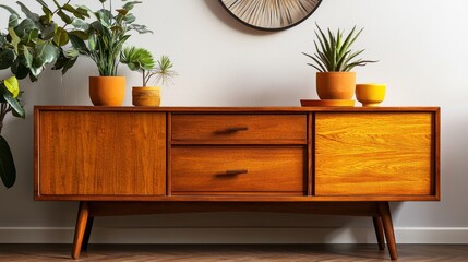 Mid-Century Modern Wooden Sideboard with Plants