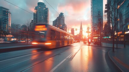A vibrant city scene at sunset, featuring a tram in motion, reflective wet streets, and skyscrapers against a colorful sky.