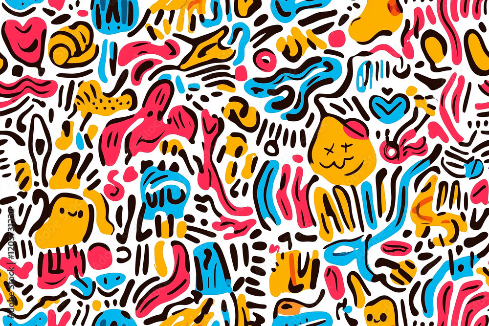 Aufkleber seamless colorful abstract pattern with playful shapes and whimsical characters - ideal for creative