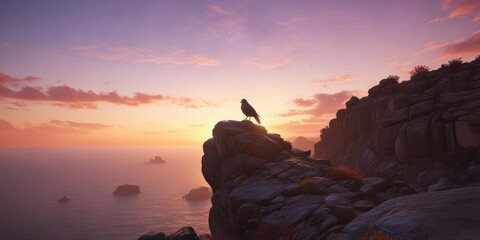 Obraz premium A solitary bird perched atop a rocky outcropping watches as the Almstron point sunset paints the sky with vibrant colors, sky, vibrant