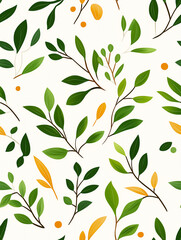 Seamless pattern with green and yellow leaves and branches on a light background. Vertical illustration 