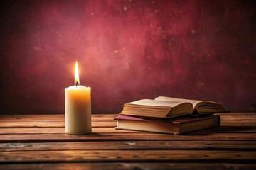 A solitary candle standing on a wooden table set against a deep maroon background with scattered books and papers, home office setup, peaceful atmosphere