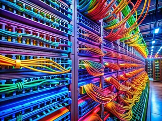 Aerial View: Vibrant Data Center Network Cables & Server Racks - Advanced Technology