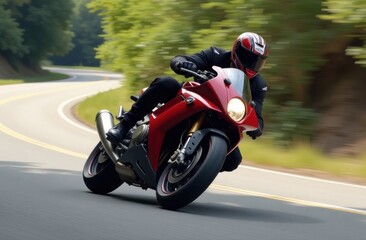 Motorcyclist leaning into curve on red sportbike on winding road