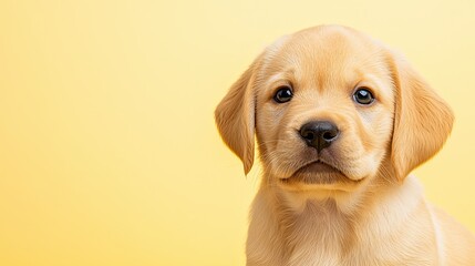 Playful puppy portrait on yellow background