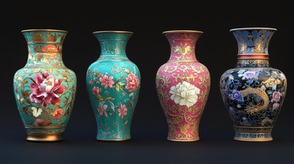 A modern arrangement featuring three decorative items: a gold-tone planter with white orchids,