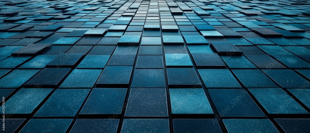 Poster A textured surface of blue and dark tiles arranged in a grid pattern, creating a modern and abstract visual effect.