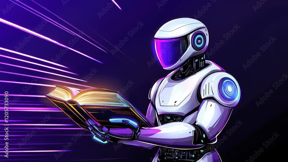 Poster futuristic robot reading a book in a digital environment