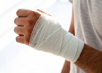 Hand with a white bandage wrapped around the wrist on white background