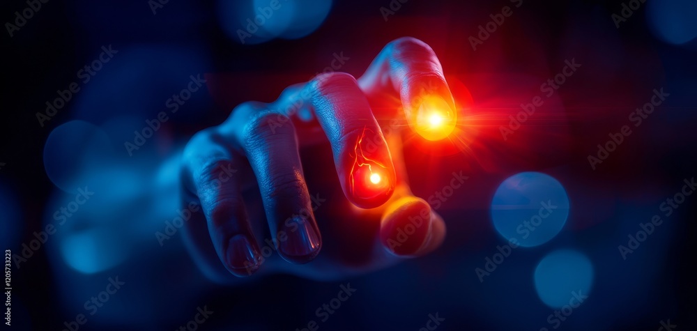 Poster a glowing hand points with vibrant red lights, creating a futuristic and dynamic visual effect again