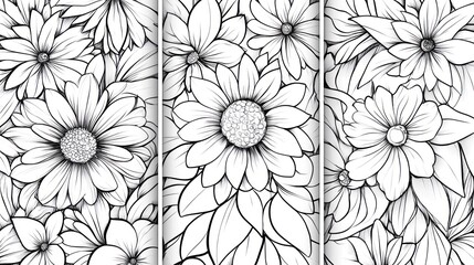 Whimsical floral patterns with abstract shapes and plant elements in a black and white linear drawing
