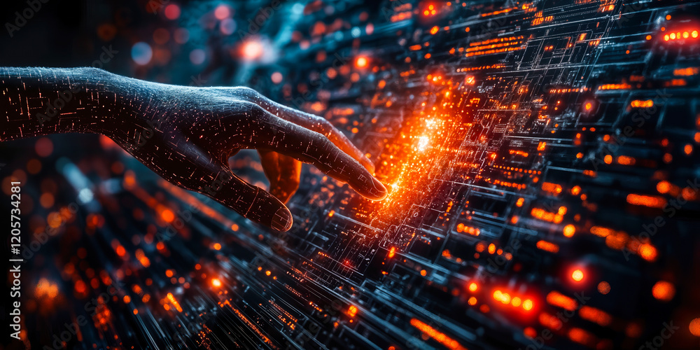 Poster hand interacting with digital interface representing data-driven ai technology in industry