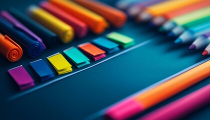 A vibrant assortment of colorful pens, markers, and crayons arranged neatly, showcasing a variety of hues against a dark background.