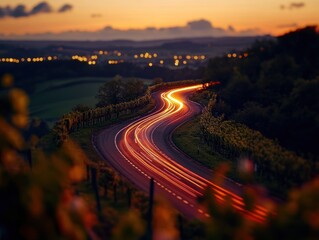 Fototapeta premium Winding Road at Dusk with Light Trails and a Distant City Glow during twilight time