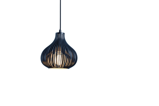 A stylish pendant lamp with a striped design encasing a glowing bulb, isolated on a white background. Concept of modern lighting fixtures. Ai generative