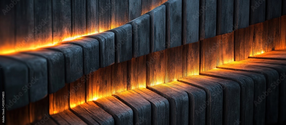 Poster worn wooden texture with deep grooves illuminated by warm light creating a striking pattern
