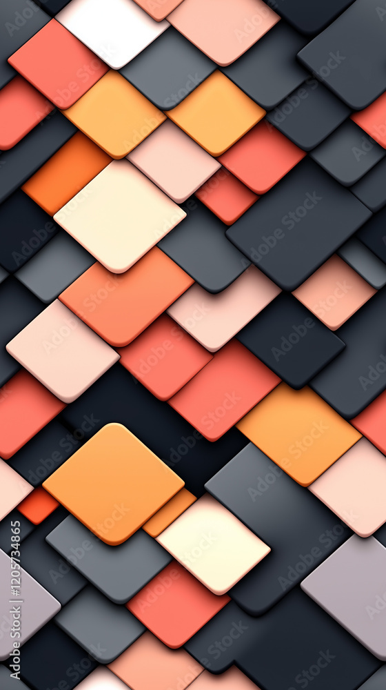 Poster seamless abstract geometric background with layered colorful squares in orange, black, and peach ton