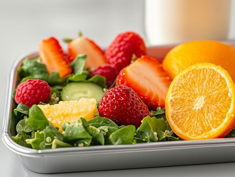 Sustainable Spring Dining Vibrant Quinoa Salad and Fresh Fruit Tray for International School Meals Day Promotion in Educational Nutrition and Health Markets