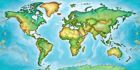 A colored map of the world with countries and oceans, featuring a subtle gradient effect and detailed illustrations of geographical features , colored illustration, green
