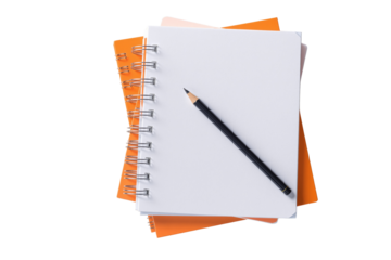 Blank spiral notebooks with orange covers stacked together, apencil on top, isolated on a white background. Concept of stationery design. Ai generative.