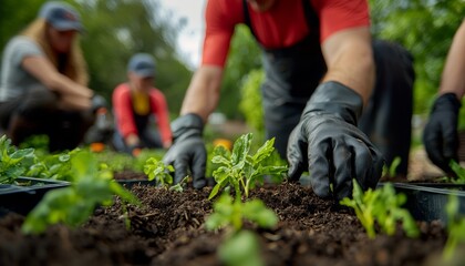 Fototapeta premium A group of people planting seedlings in rich soil, showcasing teamwork and dedication to gardening.