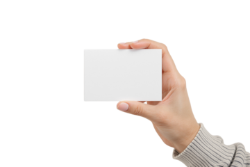 A hand holding a blank white business card on an isolated white background, clean and minimalistic design, ideal for mockup or template use. Ai generative.