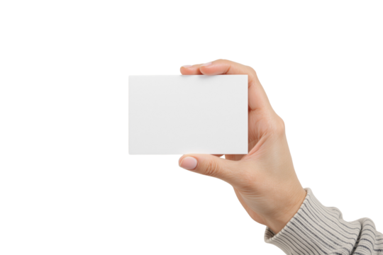 A hand holding a blank white business card on an isolated white background, clean and minimalistic design, ideal for mockup or template use. Ai generative.