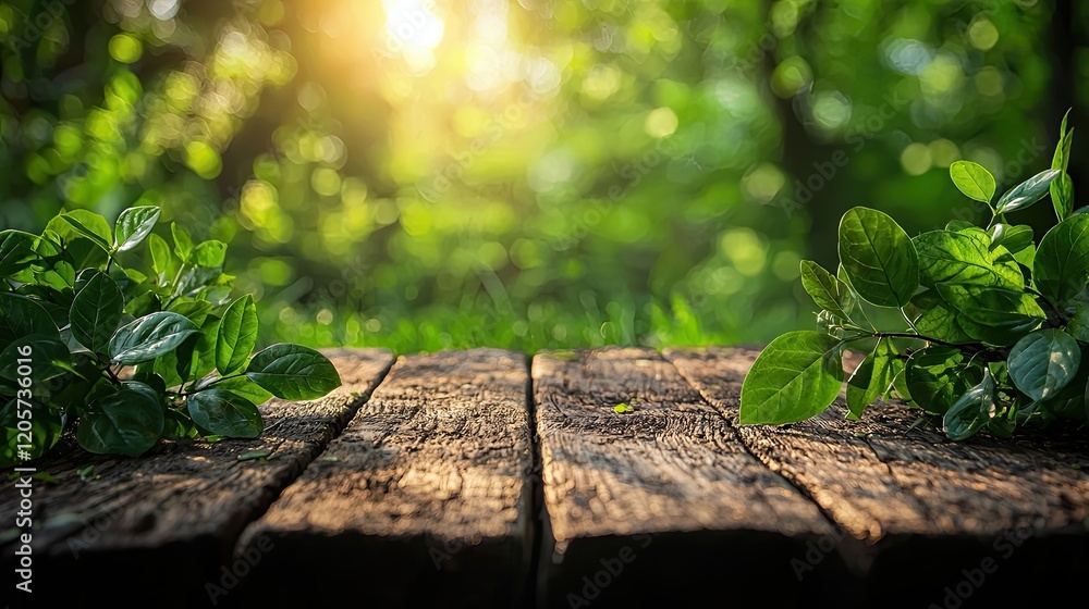Poster wooden platform surrounded by greenery with sunlight filtering through trees in a serene outdoor set