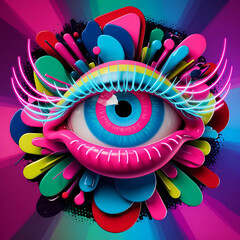 A vibrant, professional graphic design piece in a pop art style, featuring a gigantic, surreal floating eye with long, curved neon lashes that glow in shades of pink, blue, and green, surrounded by a 