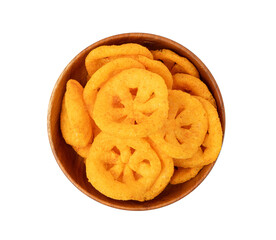 Corn puff snack isolated, crunchy cereal nosh, crispy yellow rice breakfast with paprika
