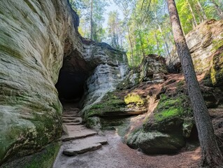 Obraz premium Stone Steps Leading Into A Dark Cave Surrounded By Lush Green Forest And Rocky Walls