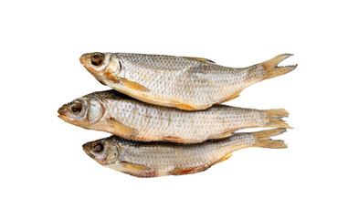 Dry roach, salted fish isolated, dried rutilus, taranka beer snack, whole salted and dried fish, prepared seafood
