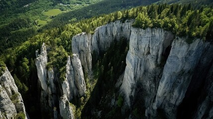 Majestic Rock Formations and Lush Green Forest Captured from an Aerial Perspective