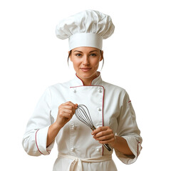 Woman chef is wearing a white hat and a white apron