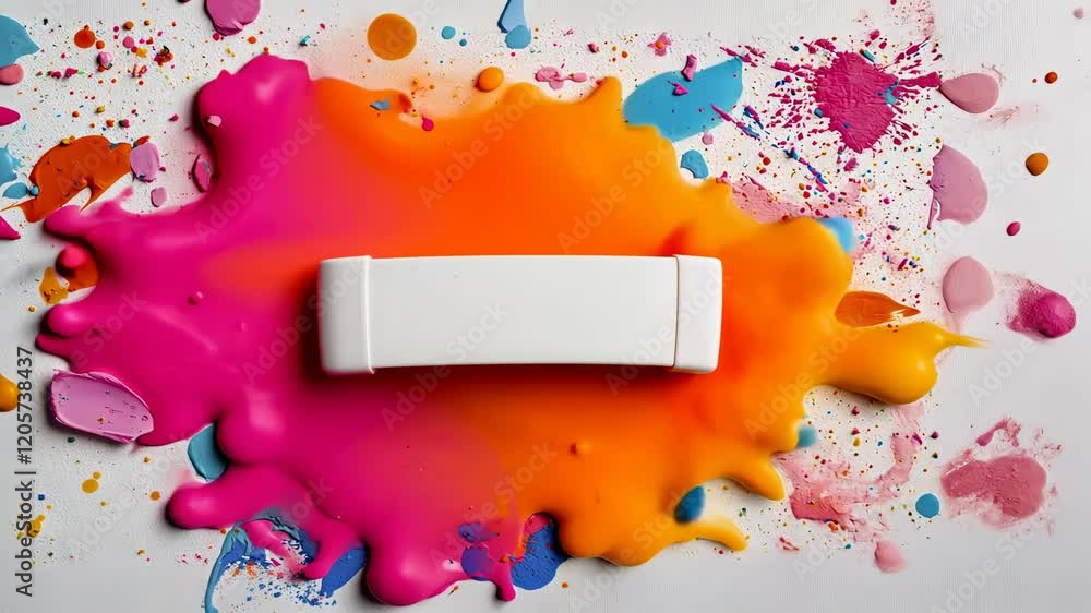 Poster colorful splattered paint background with a white block resting on it