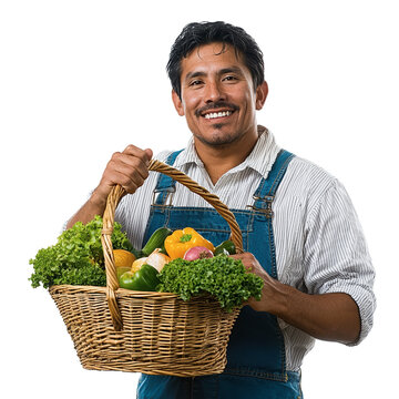 Man is holding a basket full of vegetables and smiling