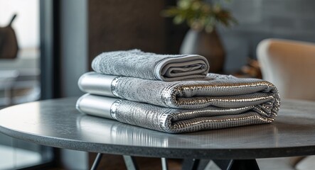 Metallic silver folded towel placed on contemporary table