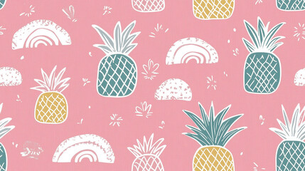Seamless Colorful Pineapple and Rainbow Pattern on Pink Background for Vibrant Summer Designs.