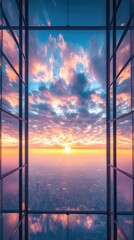 Stunning sunset view through glass windows of a high-rise building, reflecting vibrant colors.