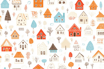 Seamless Charming, Colorful, Hand-Drawn Houses Pattern Illustration Ideal for Home Decor and Kids' Artwork Projects.