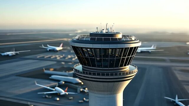 Aerial View of Control Tower and Busy Airport Operations