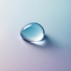 A delicately rounded, translucent droplet of water, with a subtle, soft-edged shadow, rests upon a serene, solid-colored background that gradates from pale sky blue to gentle lavender, evoking a sense