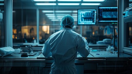Obraz premium A focused surgeon in scrubs reviews critical information at a workstation, bright screens illuminating the surgical area late at night as they prepare for a vital operation