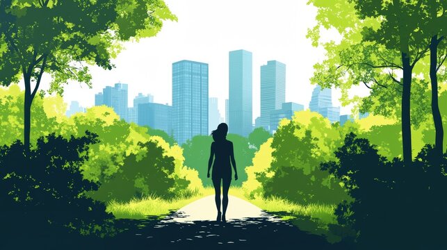 Urban Commuter: Eco-Friendly Walk to Work Day Illustration with Person Walking on Path Amid Trees and Skyscrapers in Background - Powered by Adobe