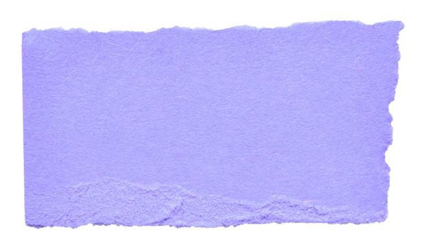 Isolated cut out torn piece of blank purple violet paper note cardboard with texture and copy space for text, transparent png background design element
