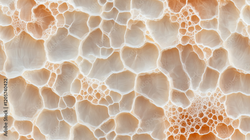 Poster seamless abstract pattern in beige and white tones, resembling natural cells or foam, creating an or