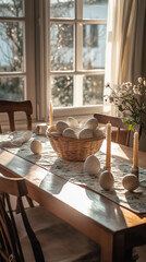 Rustic Easter table with a basket of white eggs.
